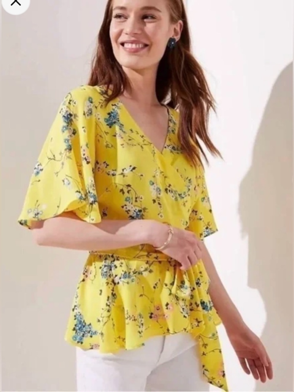 LOFT Womens Yellow Floral Peplum Wrap Top Flutter Kimono Sleeve Blouse Sz Small